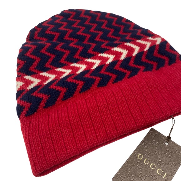 GUCCI Wool Zigzag Beanie Hat Red Size M 22cm - Picture 6 of 10